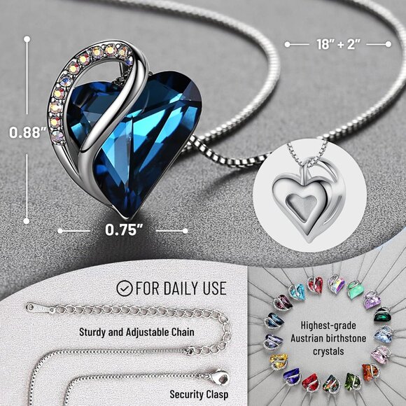 Infinity Love Birthstone Heart Pendant Sapphire Blue Necklace Women Mom Silver - Picture 3 of 8